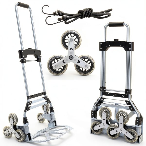 Stair Climbing Cart, 220 LBS Aluminum Stair Climber Dolly, Heavy Duty Folding Hand Truck Dolly with 6 Wheels, Telescoping Handle and Elastic Rope for Home, Moving, Groceries, Warehouse-0